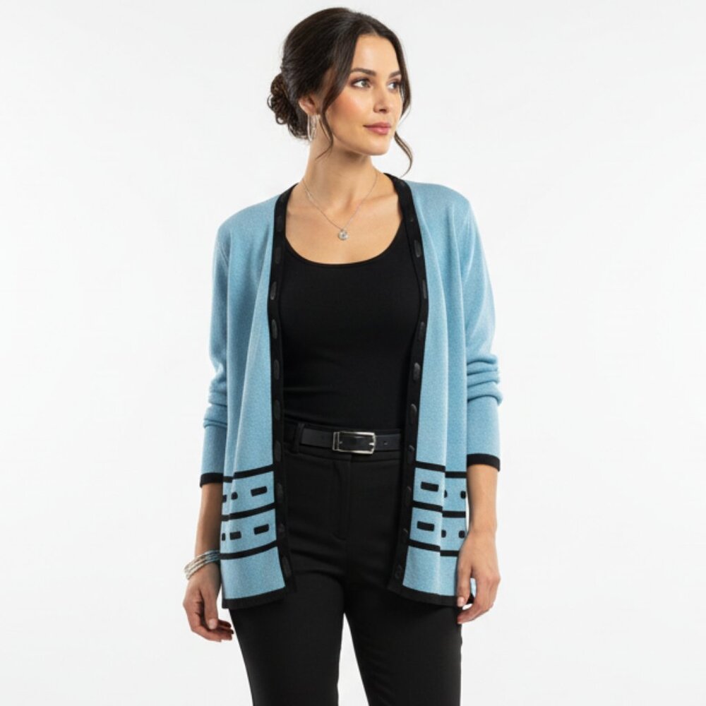 San Remo Blue & Black Open Front Knit Cardigan Sweater M